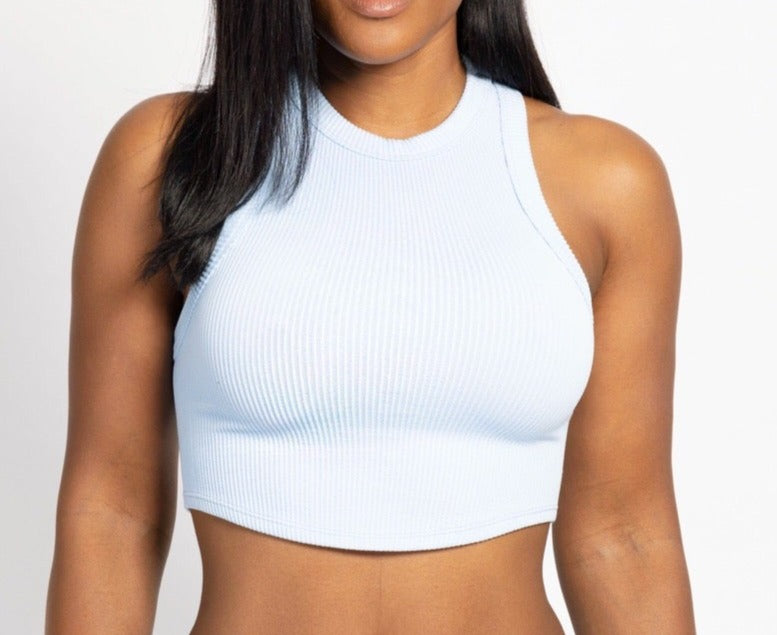 blue crop tank top, ribbed blue tank top, light blue crop top, light blue casual tops, comfy tops, casual tops,