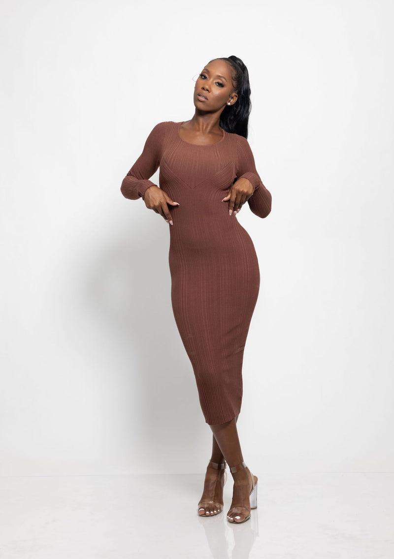 'Autumn' Ribbed Knit Midi Dress-Chocolate