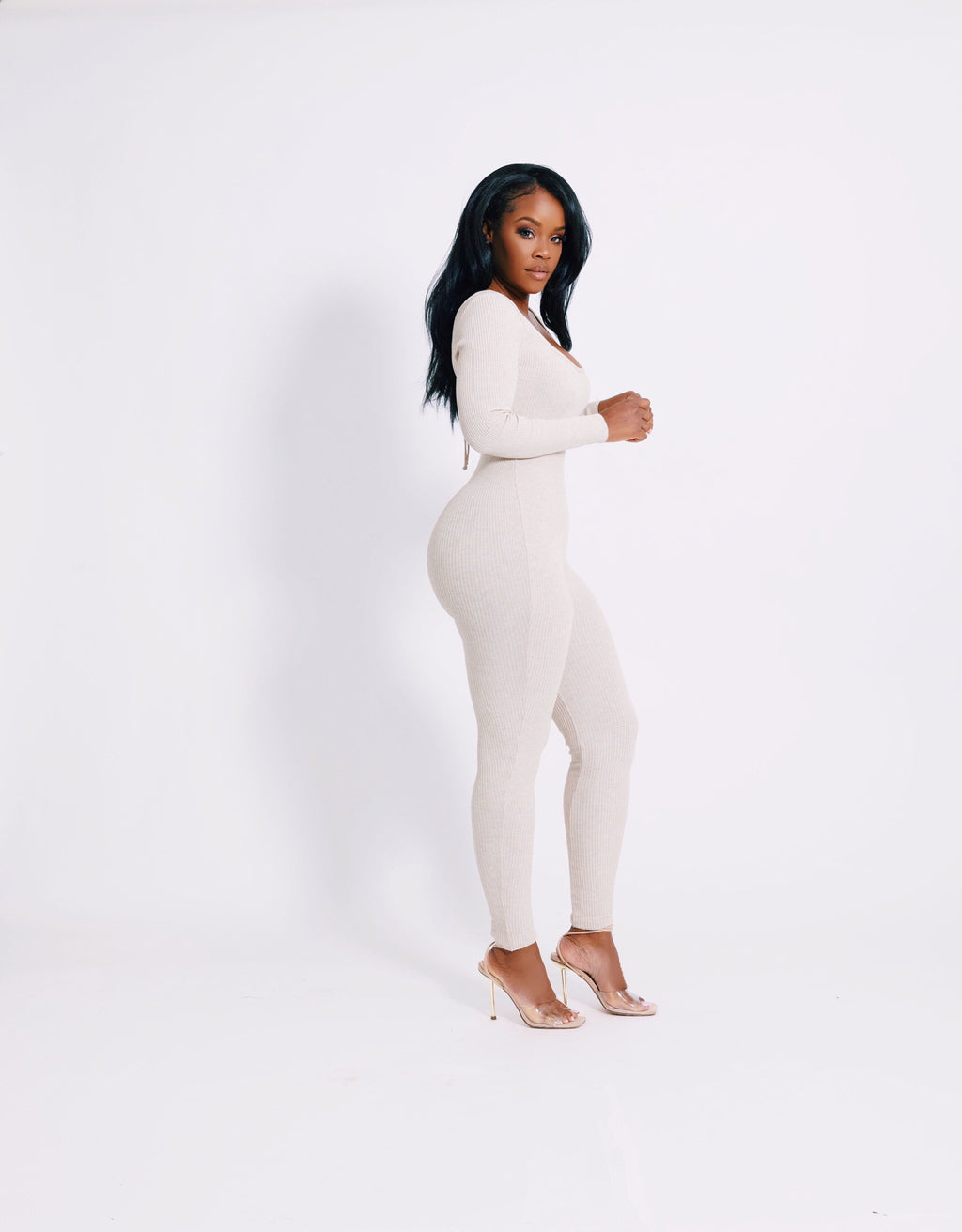 knit jumpsuit, cream jumpsuit, longsleeve jumpsuit, lace up back jumpsuit, long sleeve cream jumsuit, knitwear, loungewear, errand looks, black friday sales, casual chic