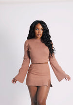 winter skirt set. brown skirt. brown skirt set.long sleeve sweater. sweater skirt set. brown mini skirt. winter skirt sets.long sleeve skirt sets. brunch looks. thanksgiving looks. dress sets. what to wear to brunch. cozy looks. effortless looks. matching skirt set. winter skirt. mini skirt